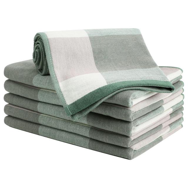 PiccoCasa 6 Pcs 13" x 29" 100% Cotton Plaid Absorbent Dish Kitchen Towel Green and White - PiccoCasa