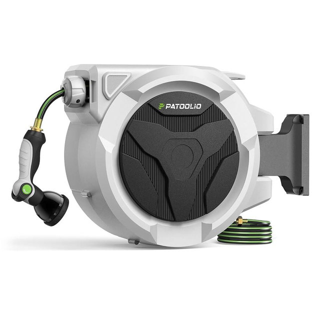 Retractable Garden Hose Reel 1/2 in x 100 ft, Heavy Duty Wall Mounted Water Hose Reel with 10-Pattern Nozzle, Any Length Lock, Auto Slow Return System, 180° Swivel Bracket, UV Resistant