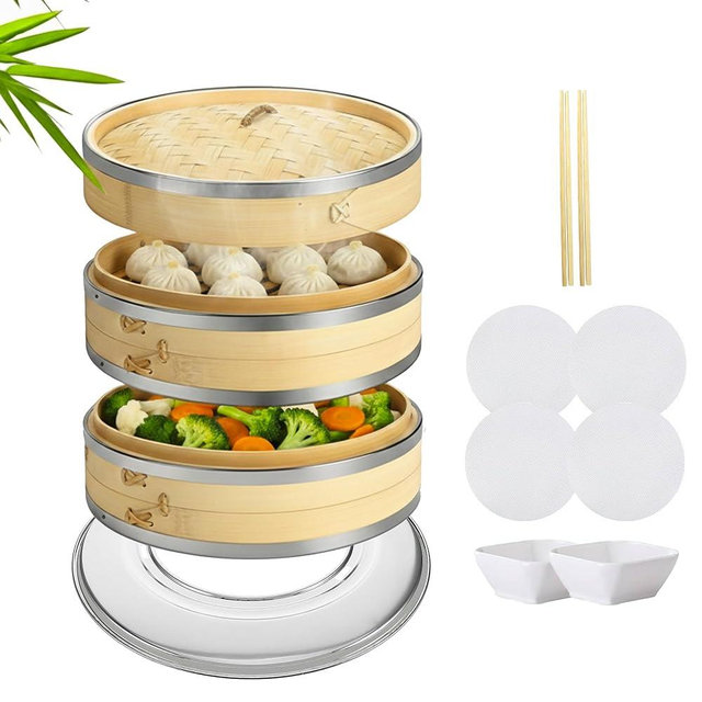 Bamboo Steamer Basket - 10 inch 2 Tier Bamboo Dumpling Steamer, Steaming Basket Bun Vegetable Bao Buns, Chopsticks, Sauce Dish, Reusable Liners, Dumpling Basket, Dumplings Making Kit