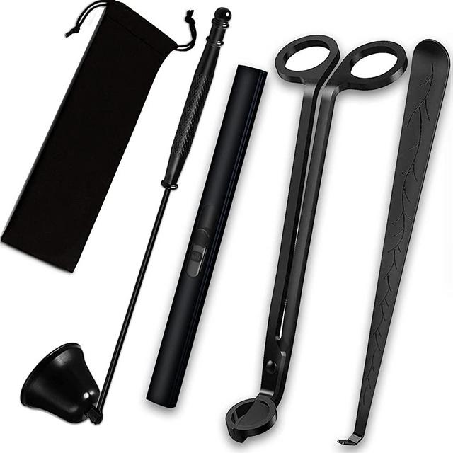 4 in 1 Candle Accessory Set, USB Rechargeable Lighter, Candle Wick Trimmer Cutter, Candle Snuffer & Candle Wick Dipper for Candle Aromatherapy Lover Gift, Stainless Steel Candle Care Kit (Black)