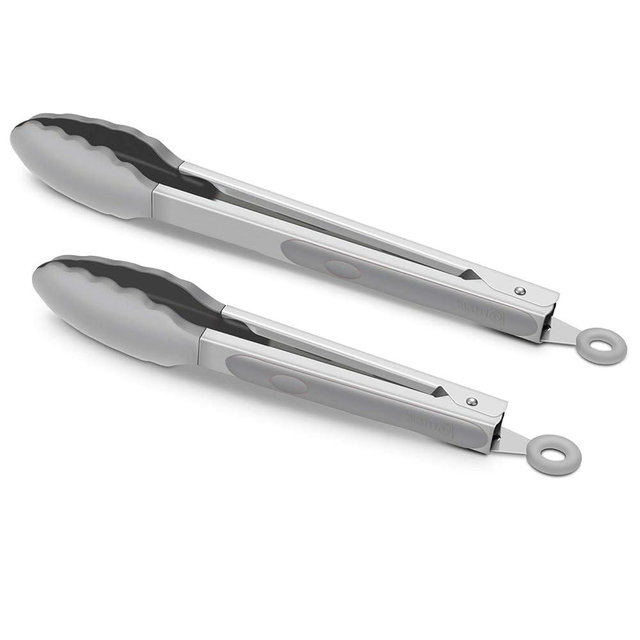 2 Pack Grey Kitchen Tongs, Premium Silicone BPA Free Non-Stick Stainless Steel BBQ Cooking Grilling Locking Food Tongs, 9-Inch & 12-Inch
