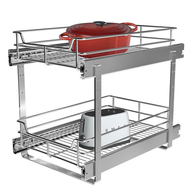 JOWBOOW 2 Tier Pull Out Cabinet Organizer (11" W x 22" D), Roll Out Shelves and Drawer for Kitchen Pantry Storage Basket, Heavy-Duty Metal Sliding Shelf