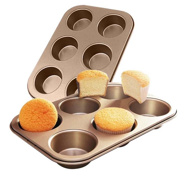 ASBAYSON 2 Packs Premium Steel Muffin Pan for Baking, Round Muffin Baking Pan, Baking Tray for Muffins, Cupcakes, Brownie(Gold, 6 Cup)