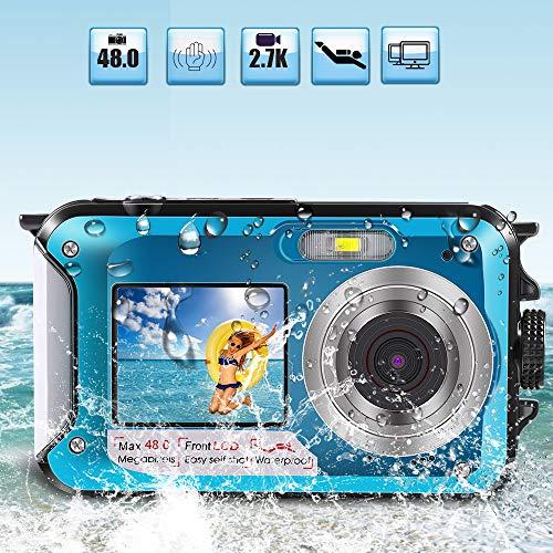 Underwater Camera for Snorkeling, Waterproof 2.7K 48MP Digital Camera, HD Rechargeable Camera with Dual Screen for Camping, Underwater, Swiming, Underwater Camera for Kids Teenagers