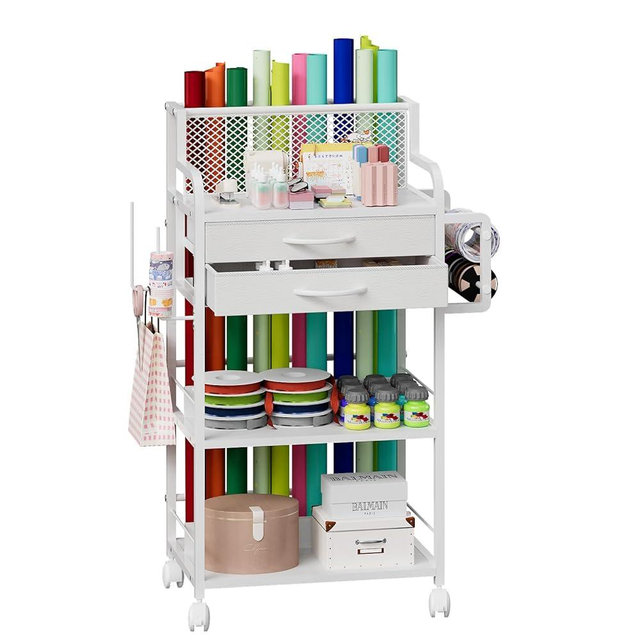 Rolling Wrapping Paper Storage Cart with 2 Drawers & Lockable Wheels, 3-Tier Gift Wrap Organizer with Ribbon and Cart Tape Holder for Crafts and DIY Supplies (White)