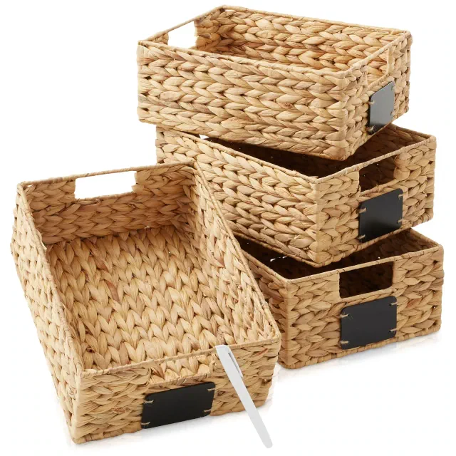 Casafield Water Hyacinth 10" x 13" x 5" Pantry Baskets with Chalkboard Labels and Marker - Natural, Woven Storage Organizer Bins