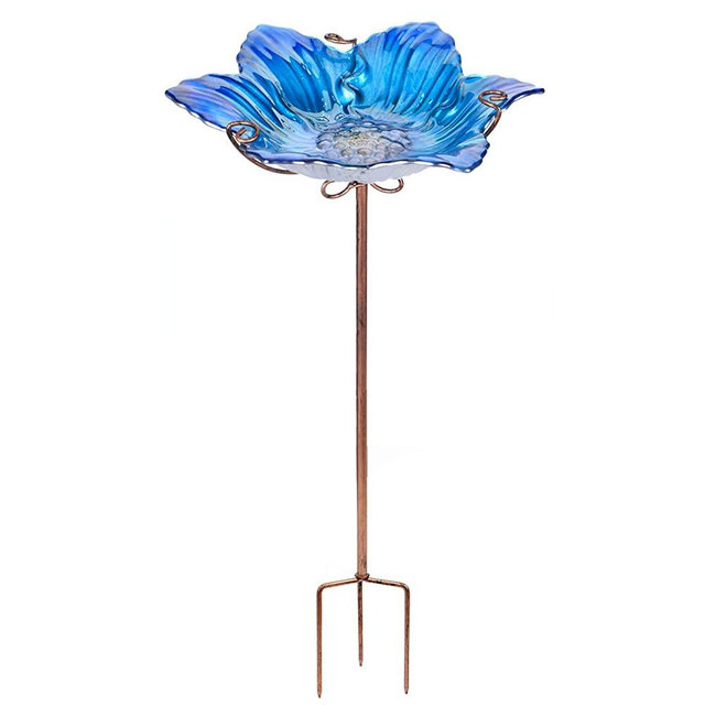 MUMTOP Bird Baths for Outdoors Glass Bird Bath Bowl Bird Feeder Blue Flower Pattern with Metal Stake for Garden, Yard and Lawn Decor
