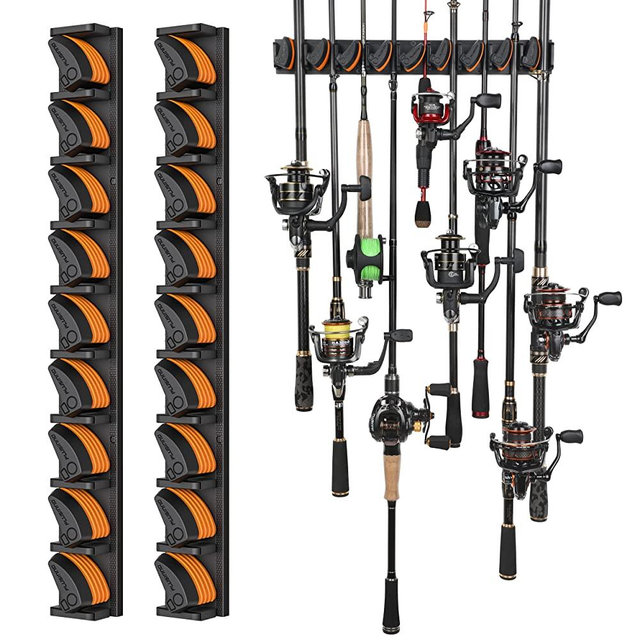 PLUSINNO V9 Fishing Rod Holders, 2 Packs Vertical Fishing Pole Holders, Wall Mounted Fishing Rod Rack, Fishing Rod Holders for Garage Store Up to 18 Rods or Combos Fits Most Rods of Diameter 3-19mm