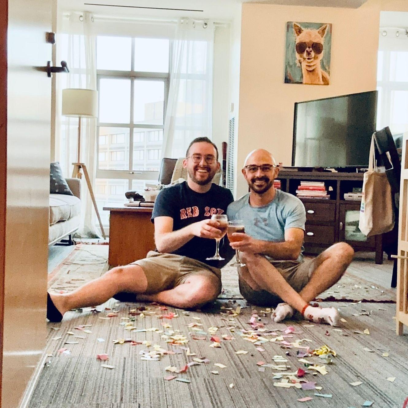 Confetti and champagne to mark Jason moving into Tom's apartment.