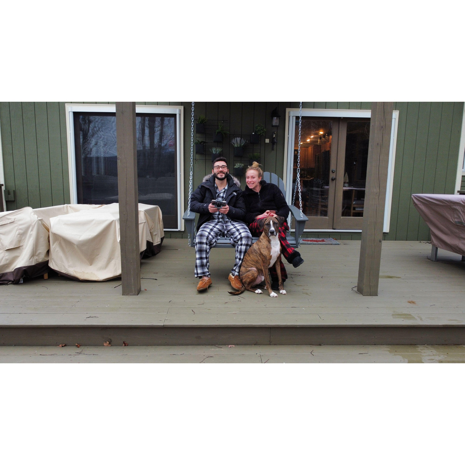 Playing with the drone at our NY place - 20 minutes away from where we are getting married. Camo was scared of the drone!