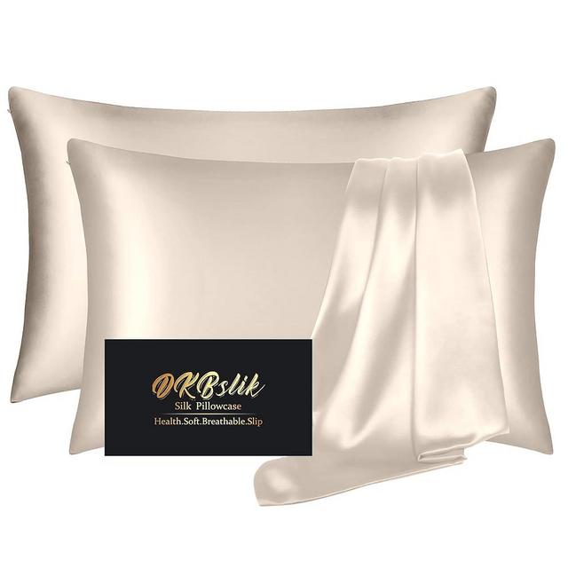 Silk Pillow Cases 2 Pack, Mulberry Silk Pillowcases Standard Set of 2, Health, Smooth, Anti Acne, Beauty Sleep, Both Sides Natural Silk Satin Pillow Cases for Women 2 Pack with Zipper for Gift, Beige