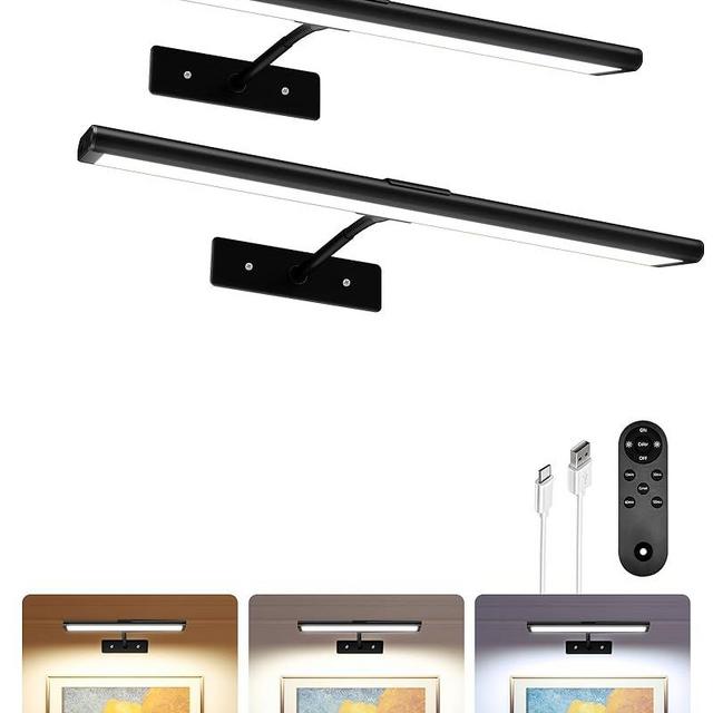 EZVALO Picture Light for Wall, 16'' Black Rechargeable 4800mAh Battery Lights Wireless Remote, Dimmable Magnetic LED Art Painting Light with 3 Color Temperatures, Display for Gallery, Living Room(2P)