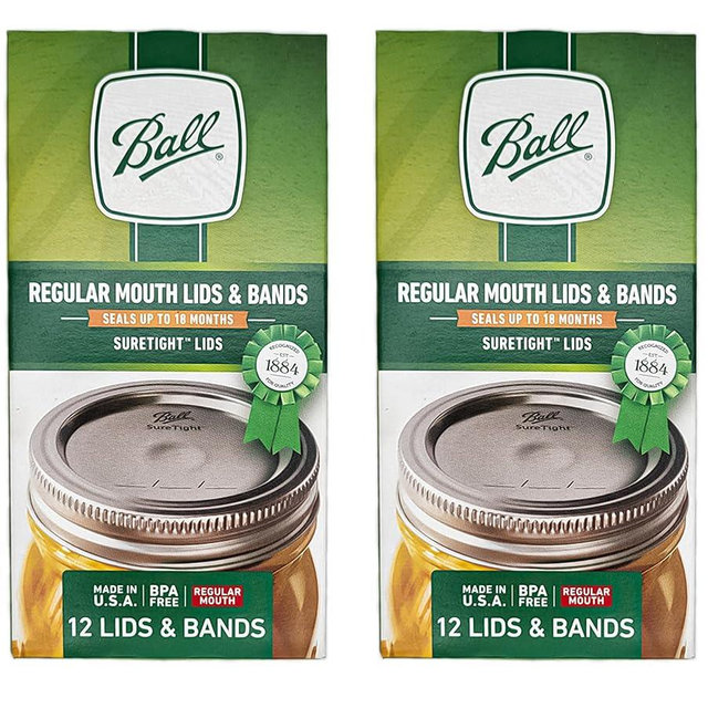 Ball Regular Mouth Lids and Bands - 12 Lids per Pack (2 Pack) - Fits Kerr Mason Jars + M.E.M Rubber Jar Opener Included