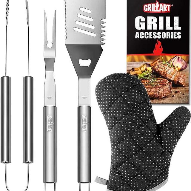 GRILLART Grill Tools Grill Utensils Set - 3PCS BBQ Tools, Stainless Barbeque Grill Accessories - Spatula/Tongs/Fork, with Insulated Glove, Ideal BBQ Set Grilling Tools for Outdoor Grill, Gifts for Men