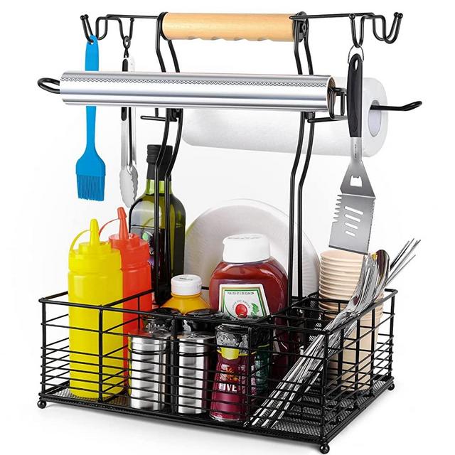 KOSTBAR Metal BBQ Grill Caddy, Cleaning Caddy, Condiment Cutlery Organizer with Paper Towel Holder, Suitable for Camping, Picnics, Deck, Outdoor Cooking Utensil Caddy Barbecue Accessories
