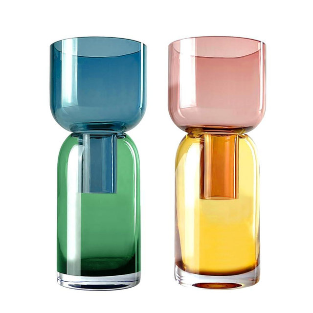Cloudnola Reversible Glass Flower Vase and Bud Vase Set of 2, Blue & Green and Pink & Yellow, Ideal Gift Set, for Home, Wedding, and Event Decor