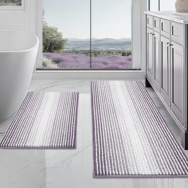 BSICPRO Bathroom Rugs and Mats Sets, 2 Piece Thick Absorbent Chenille Non Slip, Soft Shaggy Floor Mats, Machine Washable (Lavender Purple, 20" x 47" Plus 16" x 24")
