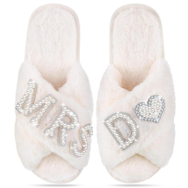 Tarpop Bride Slippers Mrs Slipper for Wedding with Personalized Initial Pearl Design Bridal Gifts