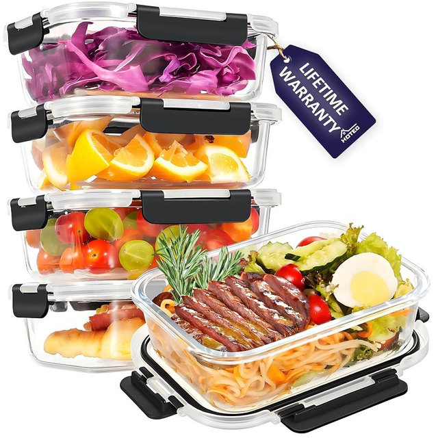 HOTEC 35OZ Glass Food Storage Container, Airtight Glass Lunch Fruit Containers with Lids - Microwave, Oven, Freezer and Dishwasher Safe, 4-PACK