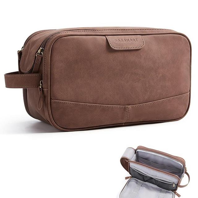 BAGSMART Toiletry Bag for Men, PU Leather Travel Bag for Toiletries, Dopp Kit Water Resistant Shaving Bag for Bathroom Shower-Light Brown