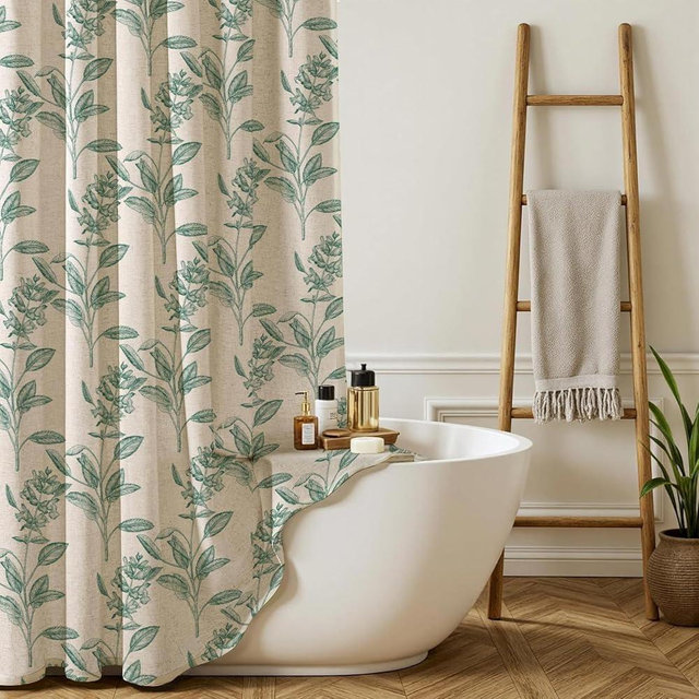 MAMDDT Extra Long Sage Floral Linen Shower Curtain, Vintage Farmhouse Botanical Flower Pattern for Bathroom Decor with 12 Hooks, Green 72 x 84 Inches