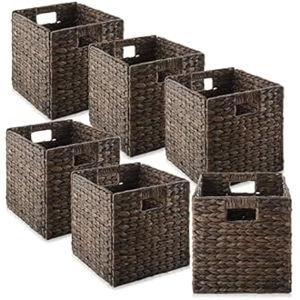 Casafield 12" x 12" Water Hyacinth Storage Baskets, Espresso - Set of 6 Collapsible Cube Organizers, Woven Bins for Bathroom, Bedroom, Laundry, Pantry, Shelves