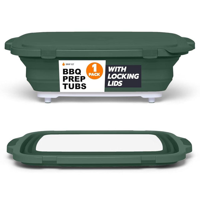 Drip EZ Collapsible BBQ Prep Tub - for Meal Prep Marinating Food Storage - Includes Cutting Board & Locking Lid - (1) XL - Green
