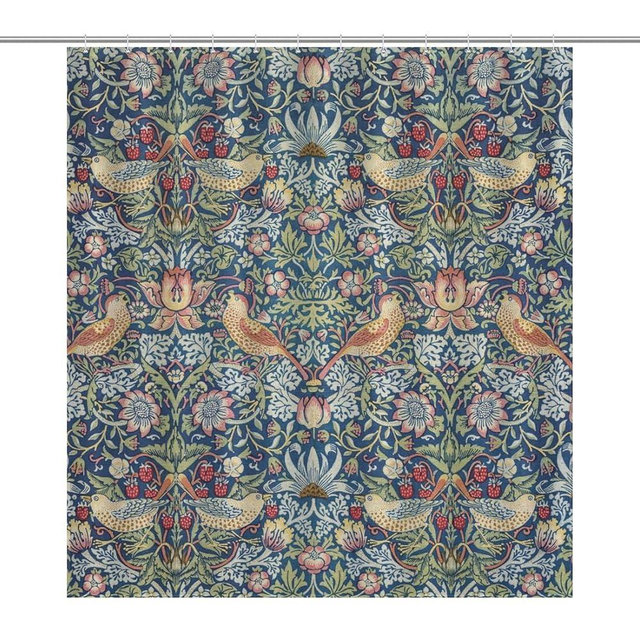 Vintage William Morris Shower Curtain Original Design Strawberry Thief Green Shower Curtain Set for Bathroom Heavy Duty Fabric Upholstery Waterable Shower Curtain Hook 72x72in