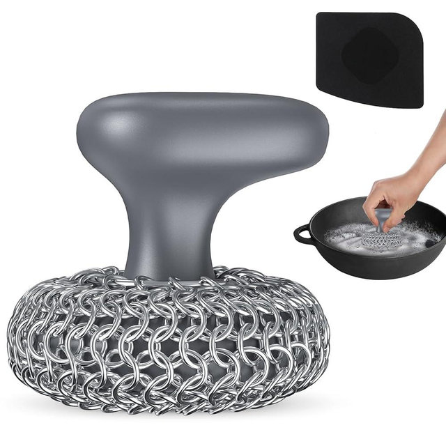 Purgreat Cast Iron Scrubber | Dish Scrub Brush | 316 Cleaner Chainmail Scrubber for Cast Iron Pan Skillet Cleaner - Dish Scouring Pad Dishwasher Safe Cleaning Kit, Grey 02