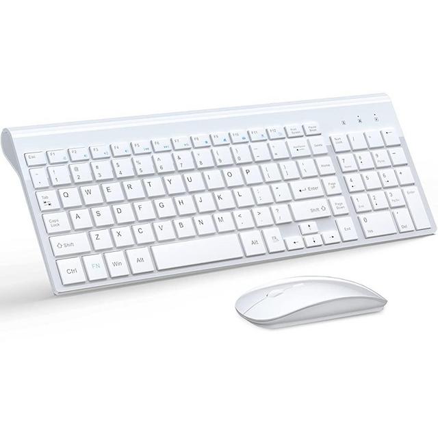 Wireless Keyboard and Mouse Ultra Slim Combo, TopMate 2.4G Silent Compact USB Mouse and Scissor Switch Keyboard Set with Cover, 2 AA and 2 AAA Batteries, for PC/Laptop/Windows/Mac - White