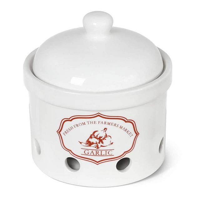 LE TAUCI Garlic Keeper, 5 Inch Vented Ceramic Storage Container Saver, Reserve for Garlic, Onion, Lemon, Patato, Ginger or Shallots, 1 Pack, White
