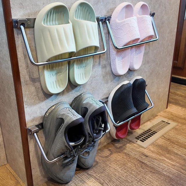 WanDwel Foldable Wall Mounted RV Shoe Racks - Aluminum Camper Shoe Organizer, Space-Saving RV Shoe Holder for Bedside, 12" 4 Pack Hanging Shelf for Travel Trailers and Motorhome Interiors