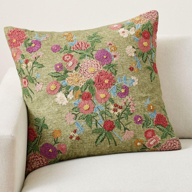 Audrina Floral Embroidered Pillow, 24 Inches, Green Multi