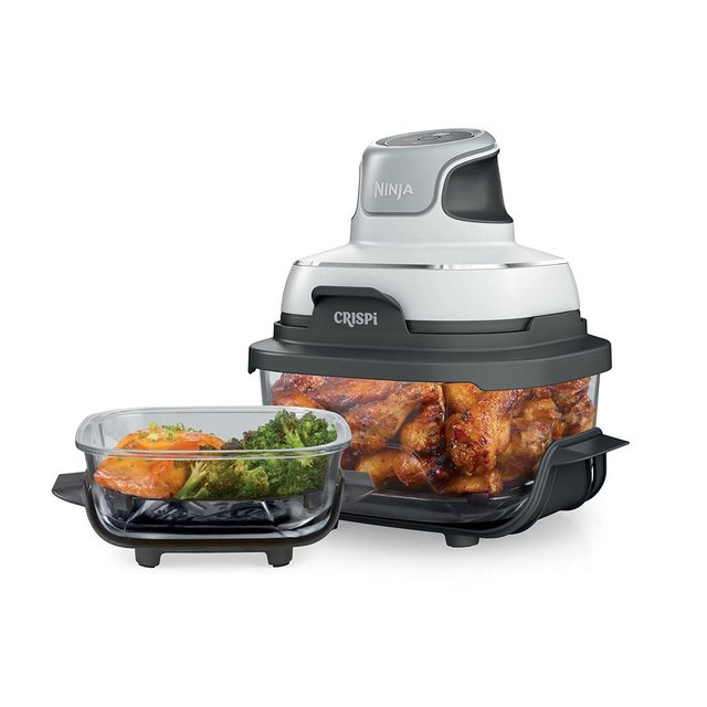 Ninja FN100WH Crispi Air Fryer, Microwave, Freezer & Dishwasher Safe, Non Toxic Glass Portable Cooking System, 4 QT & 5 Cup Glass Containers with Storage Lids, Easy Meals, White (Renewed)