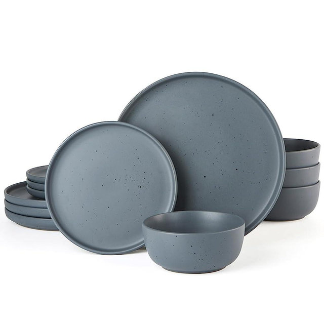Famiware 12 Piece Plates and Bowls Sets, Spots Dinnerware Sets for 4, Matte Dish Set, Microwave and Dishwasher Safe, Charcoal