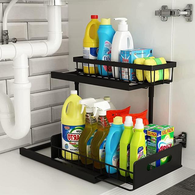 Under Sink Organizer, REALINN 2-Tier Pull Out Cabinet Organizer Under Kitchen Sink Organizer, Under Cabinet Storage Multi-Use for Bathroom Laundry Kitchen