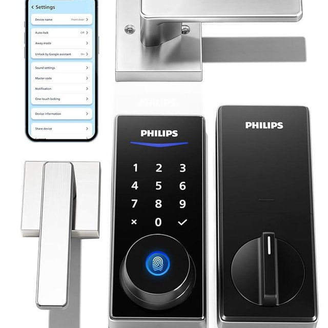 Philips Smart Lock with Handles, Smart Door Lock with 2 Level Handles, Keyless Entry Door Lock Set, Digital Keypad Deadbolt for Front Door, App Fingerprint PIN Code Unlocking, Auto Locking