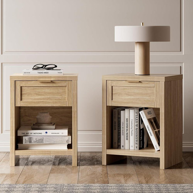 Walsham Natural Nightstand Set of 2 Boho Bedside Tables with Drawer and Storage Shelf Farmhouse Side End Tables for Bedroom Living Room Sofa, (Light Weathered Oak, 2 Set)