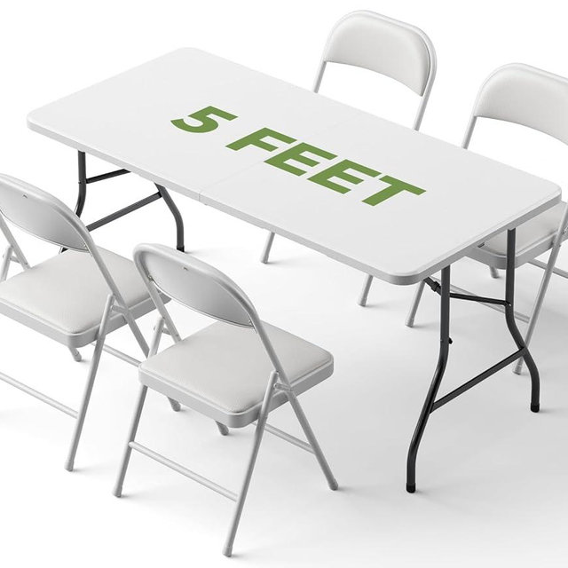 Folding Dining Table Set for 4, 5FT Foldable Plastic Table with Carrying Handle & 4 PU Leather Padded Folding Chairs, Portable Table and Chairs Set for Indoor Outdoor, Party, Wedding, Picnic, Camping