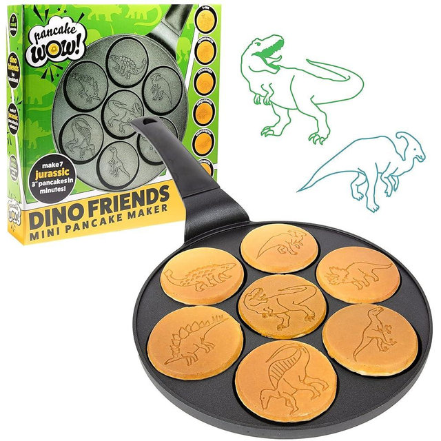 Dino Mini Pancake Pan- Make 7 Unique Flapjack Dinosaurs for Kids, Nonstick Pan Cake Maker Stovetop Griddle for Jurassic Fun & Easy Cleanup, Long Handle for Easy Holding, Breakfast Brunch Gift for Him
