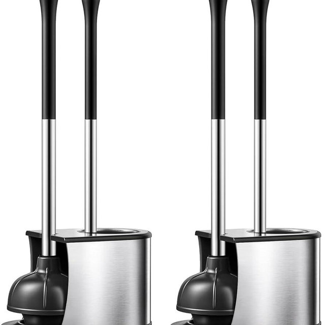 HAMITOR Toilet Plunger and Brush Set: 2 Pack 2 in 1 Stainless Steel Rustproof Combo with Curved Bristles - Heavy Duty Toilet Unclogging for Family Bathroom - Compact Apartment Cleaning Accessories
