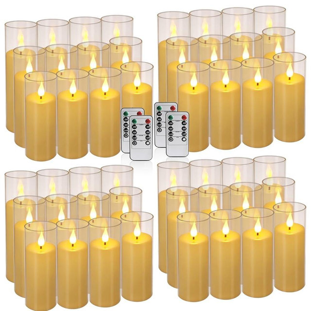 YOROXRG Flickering Flameless Candles Battery Operated with Remote and 2/4/6/8 H Timer Plexiglass LED Pillar Candles with Realistic Moving Wick for Home Decor Pack of 48 (D2.2 xH 5" 6" 7") (Ivory)