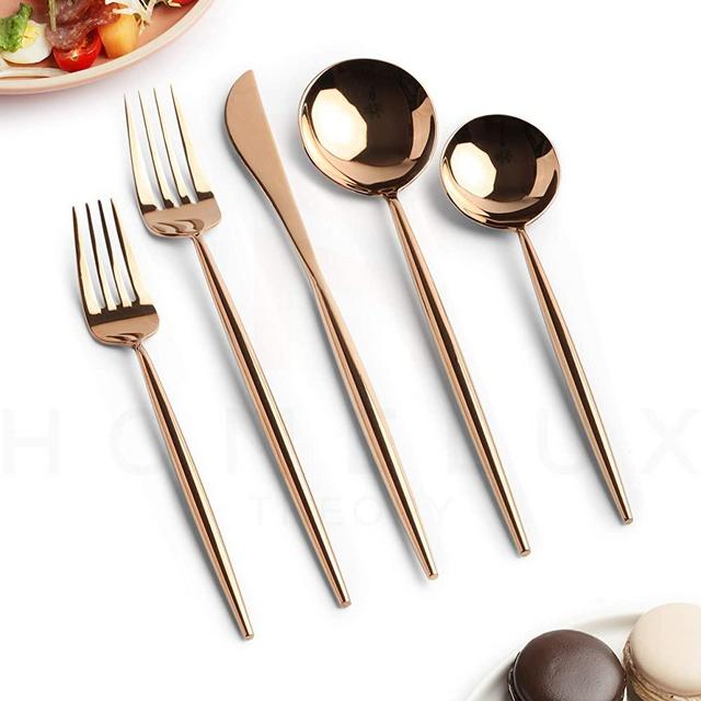 Homelux Theory 18/10 Rose Gold Flatware Rose Gold Silverware Set Stainless Steel Copper Flatware Cutlery Set| 5-piece Adaline Royal Modern| BEST Birthday Wedding Gift (4 sets, Rose Gold mirror polish)