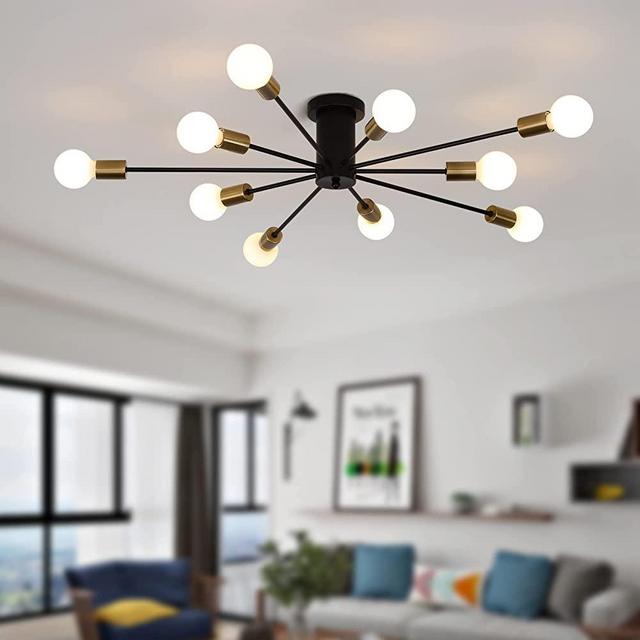 Garwarm Modern Sputnik Ceiling Light, 10-Light Mid Century Sputnik Chandelier Industrial Semi Flush Mount Ceiling Light Fixture for Living Room Kitchen Bedroom Farmhouse Dining Room(Black+Gold)