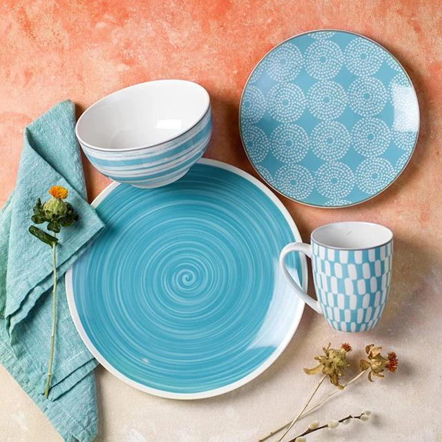 Euro Ceramica Simpatico Collection 16 Piece Dinnerware Set in Turquoise | Service for 4 | Geometric Shape Pattern | Oven Safe Stoneware Dinnerware Set | Microwave & Dishwasher Safe Standard