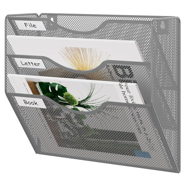EasyPAG 3 Pocket Mesh Wall File Organizer, Hanging Paper Folder Holder with Classify Label, Vertical Wall Mount Mail Organizer for Office Home Classroom, Silver