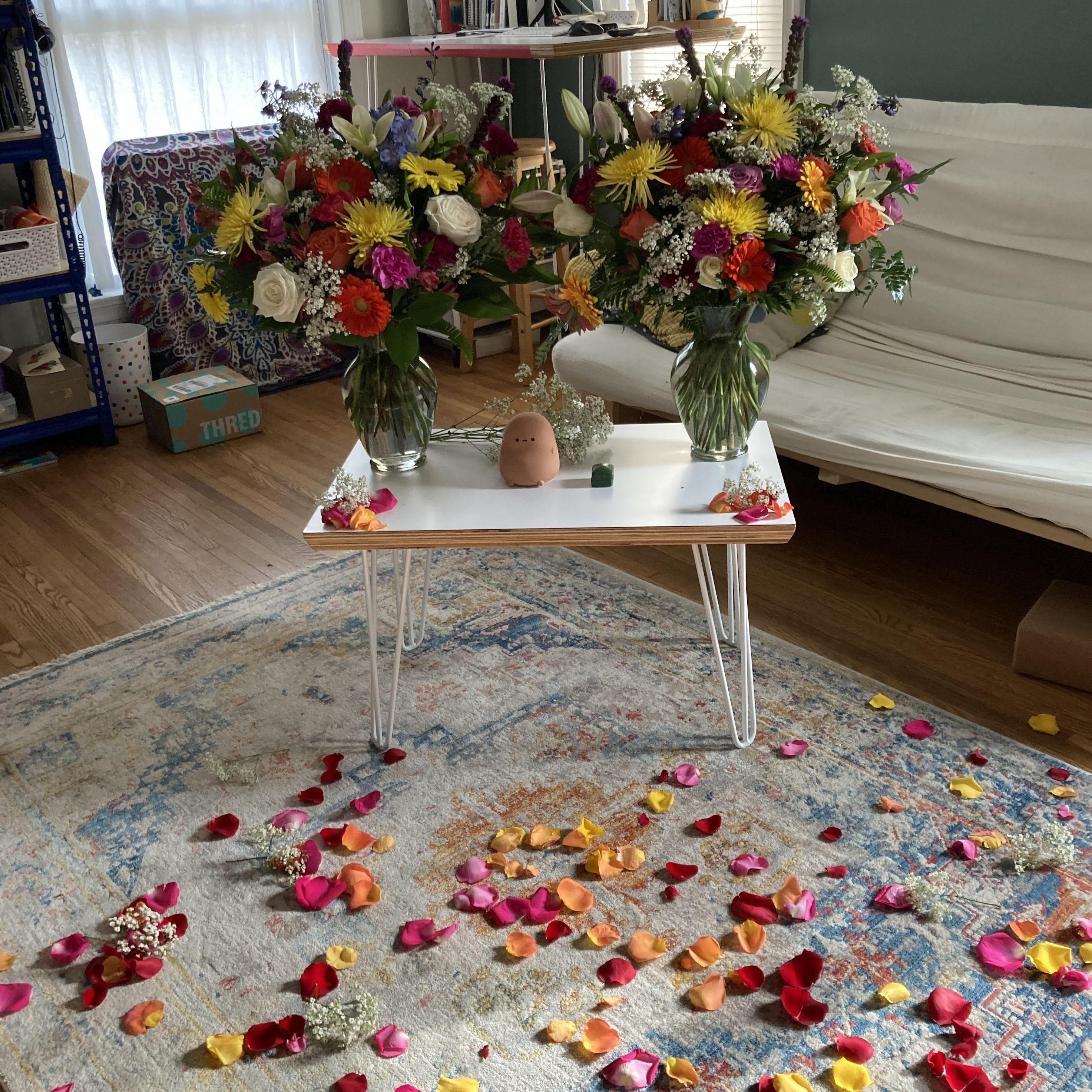 We returned from staycation to find this surprise! Our friend Matt set it all up beautifully––rose petals and all. Thank you Matt!