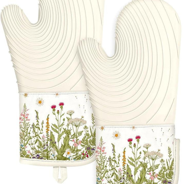 Slohif Long Silicone Oven Mitts Heat Resistant for Women - 2 Pcs Flowers 100% Cotton Oven Gloves, Non-Slip and Waterproof Silicone Oven Mitts with Hanger for Baking and Cooking