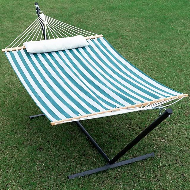 Gafete Quick Dry Two Person Hammock with Stand Included Heavy Duty Textilene Double Hammock Soft Pillow for Patio Outdoor, Max 475lbs Capacity, Waterproof (Green)
