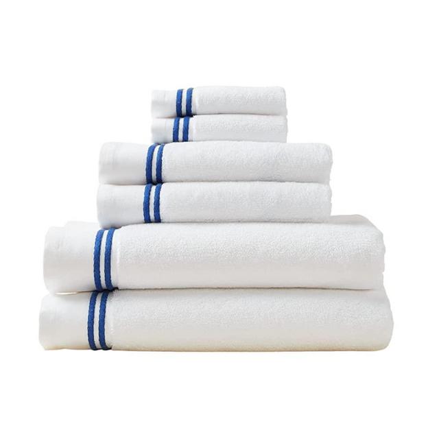 Malek Egyptian Cotton Towels - 6 Piece Set - 2 Bath Towels, 2 Hand Towels, 2 WashCloths - Super Soft 700 GSM Luxury Bath Towels - Absorbent Cotton Bathroom Towels - White with Double Blue Stripe